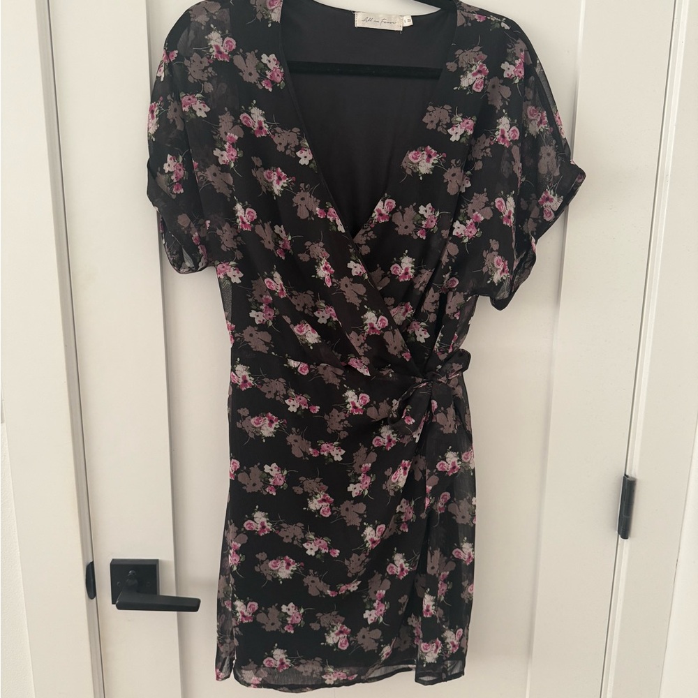 Black and Pink Flutter Sleeve Wrap Mini Dress